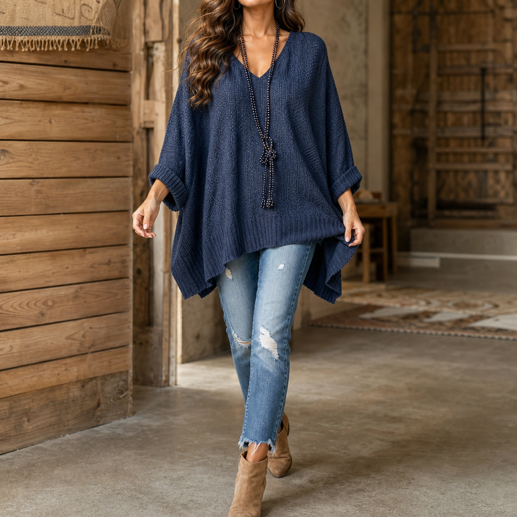Octavie™ | Women's Oversized Open-Knit V-Neck Sweater in Blue