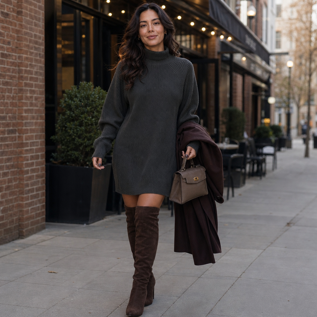 Millicent™ | Women's Ribbed Knit High Neck Sweater Dress with Raglan Sleeves