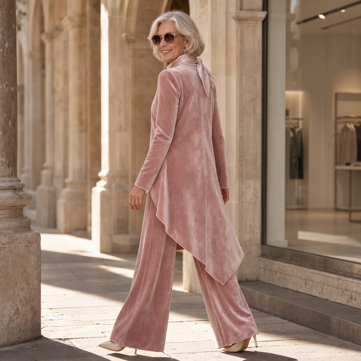 Celandine™ | Women's Two Piece Set with Draped High Neck Top and Wide Leg Trousers