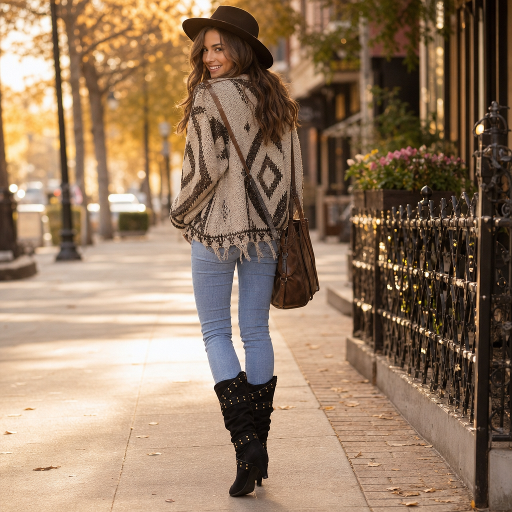 Louane™ | Women's Studded Western Slouch Knee-High Boots with Block Heel