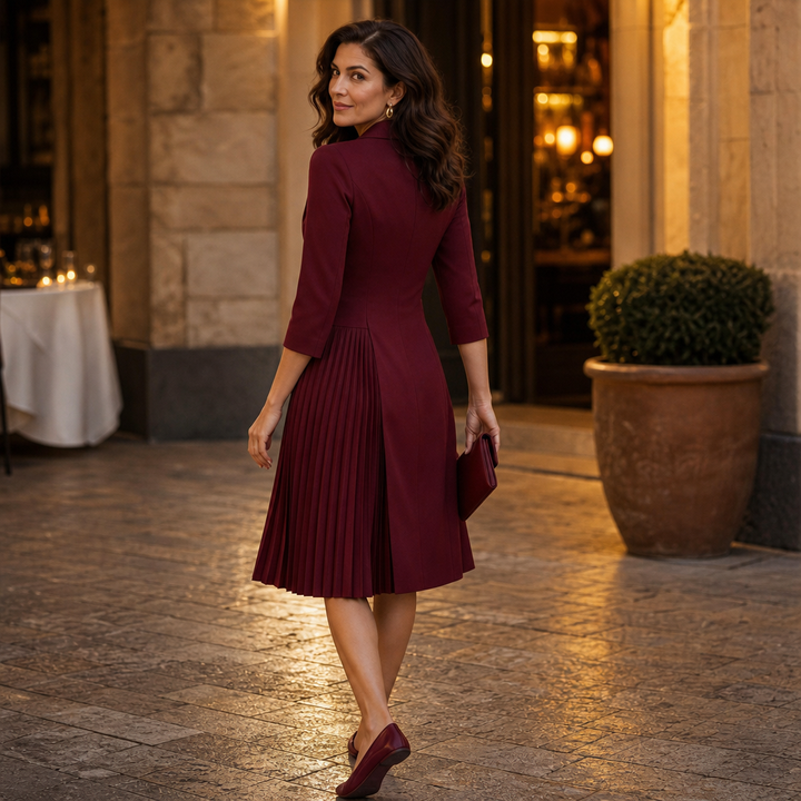 Maryse™ | Women's Pleated Blazer Midi Dress with Gold-Tone Buttons