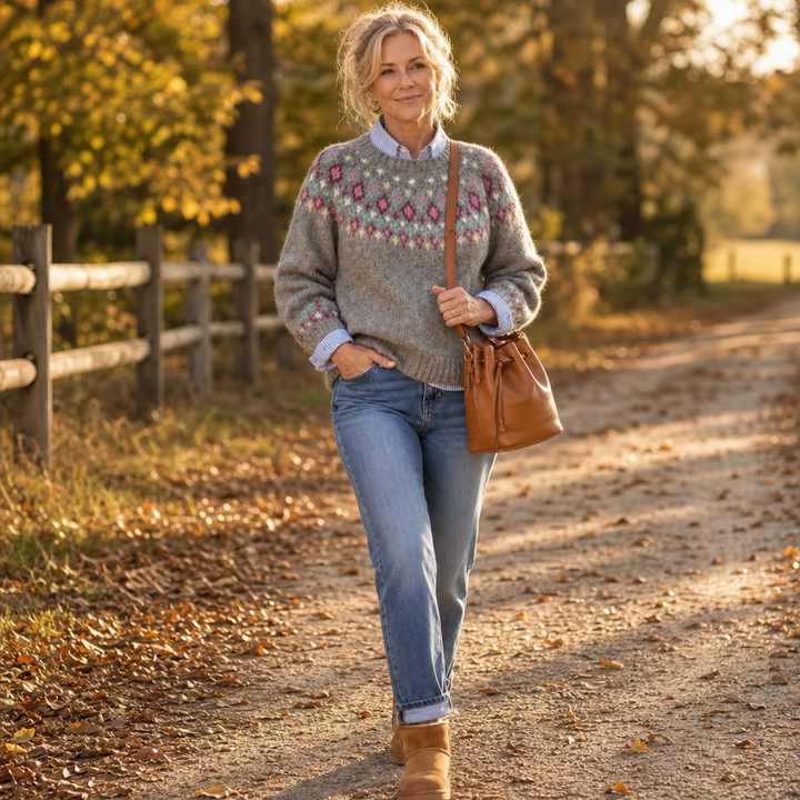 Thisbe™ | Women's Fair Isle Yoke Crew Neck Pullover Sweater
