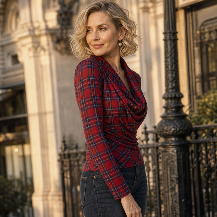 Rebecca™ | Women's Red Plaid Cowl Neck Long Sleeve Stretch Top