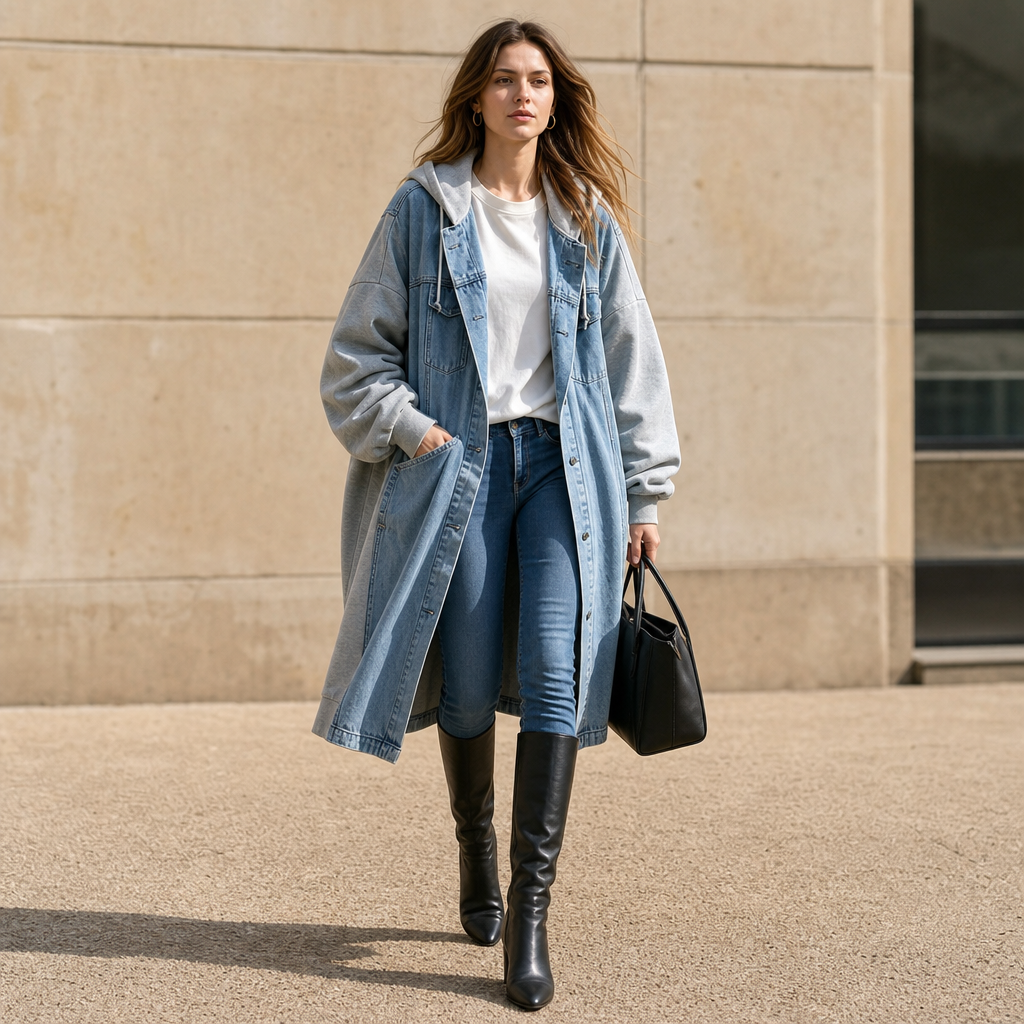 Ninon™ | Women's Longline Hooded Jacket with Washed Blue Front