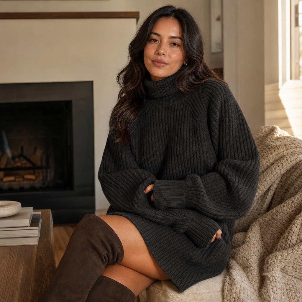 Millicent™ | Women's Ribbed Knit High Neck Sweater Dress with Raglan Sleeves