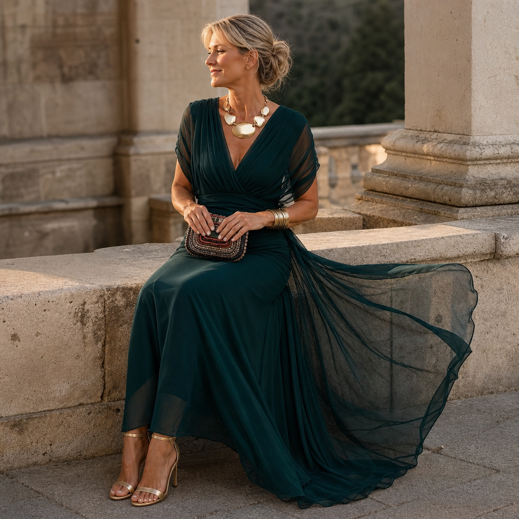 Donatella™ | Women's Off-Shoulder Wedding Guest Maxi Dress with Draped Bodice