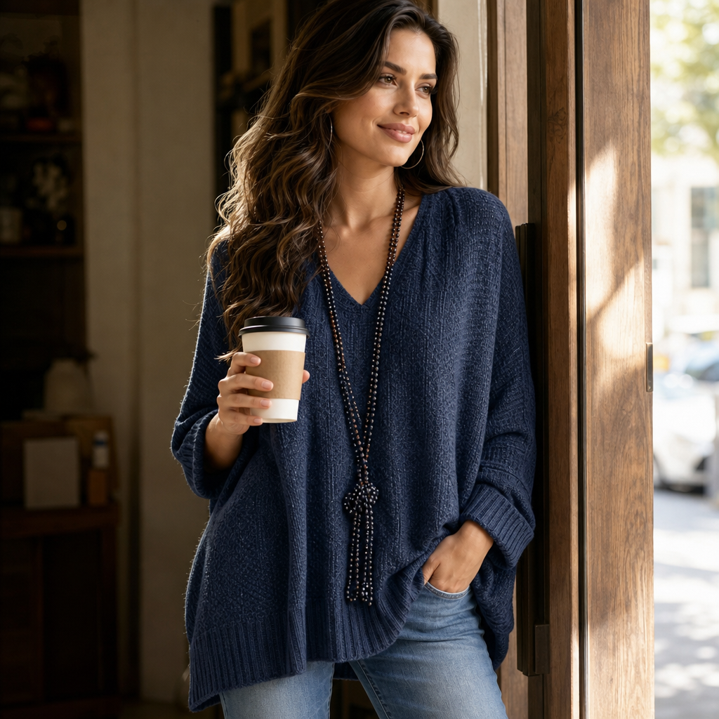 Octavie™ | Women's Oversized Open-Knit V-Neck Sweater in Blue