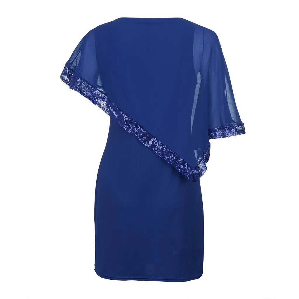 Lillianna™ | Women's Cold Shoulder Midi Dress with Sequin Trim and Cape Sleeves