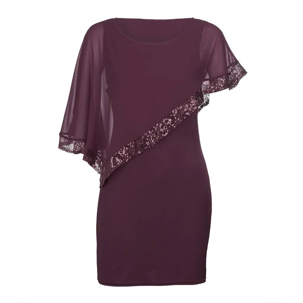 Lillianna™ | Women's Cold Shoulder Midi Dress with Sequin Trim and Cape Sleeves