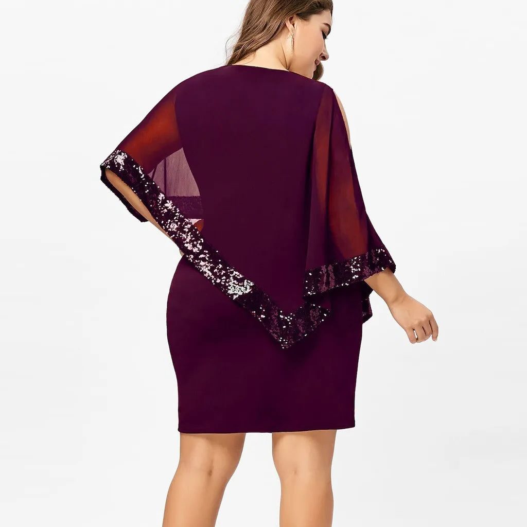 Lillianna™ | Women's Cold Shoulder Midi Dress with Sequin Trim and Cape Sleeves