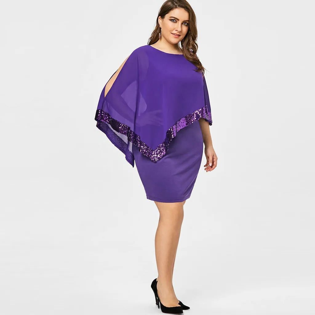 Lillianna™ | Women's Cold Shoulder Midi Dress with Sequin Trim and Cape Sleeves