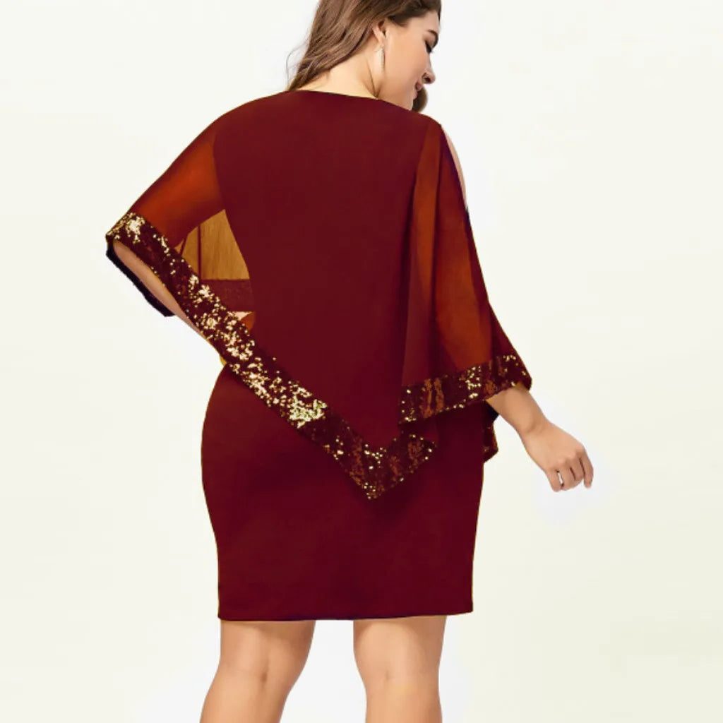 Lillianna™ | Women's Cold Shoulder Midi Dress with Sequin Trim and Cape Sleeves