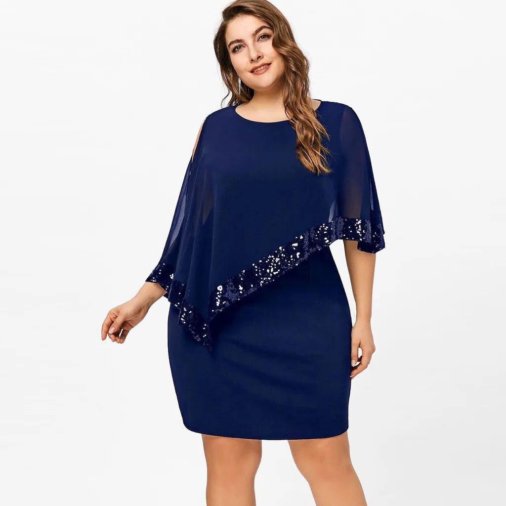 Lillianna™ | Women's Cold Shoulder Midi Dress with Sequin Trim and Cape Sleeves