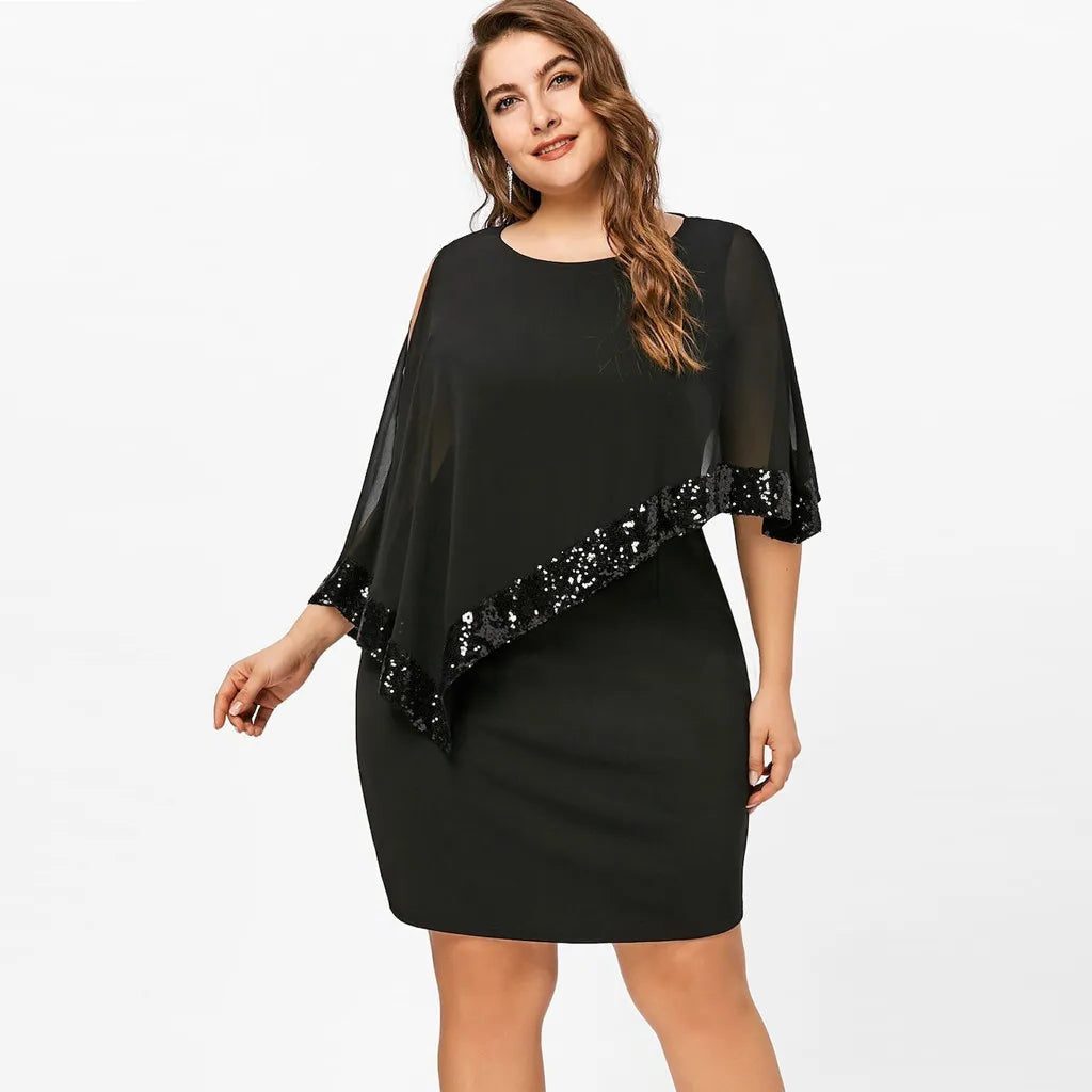 Lillianna™ | Women's Cold Shoulder Midi Dress with Sequin Trim and Cape Sleeves