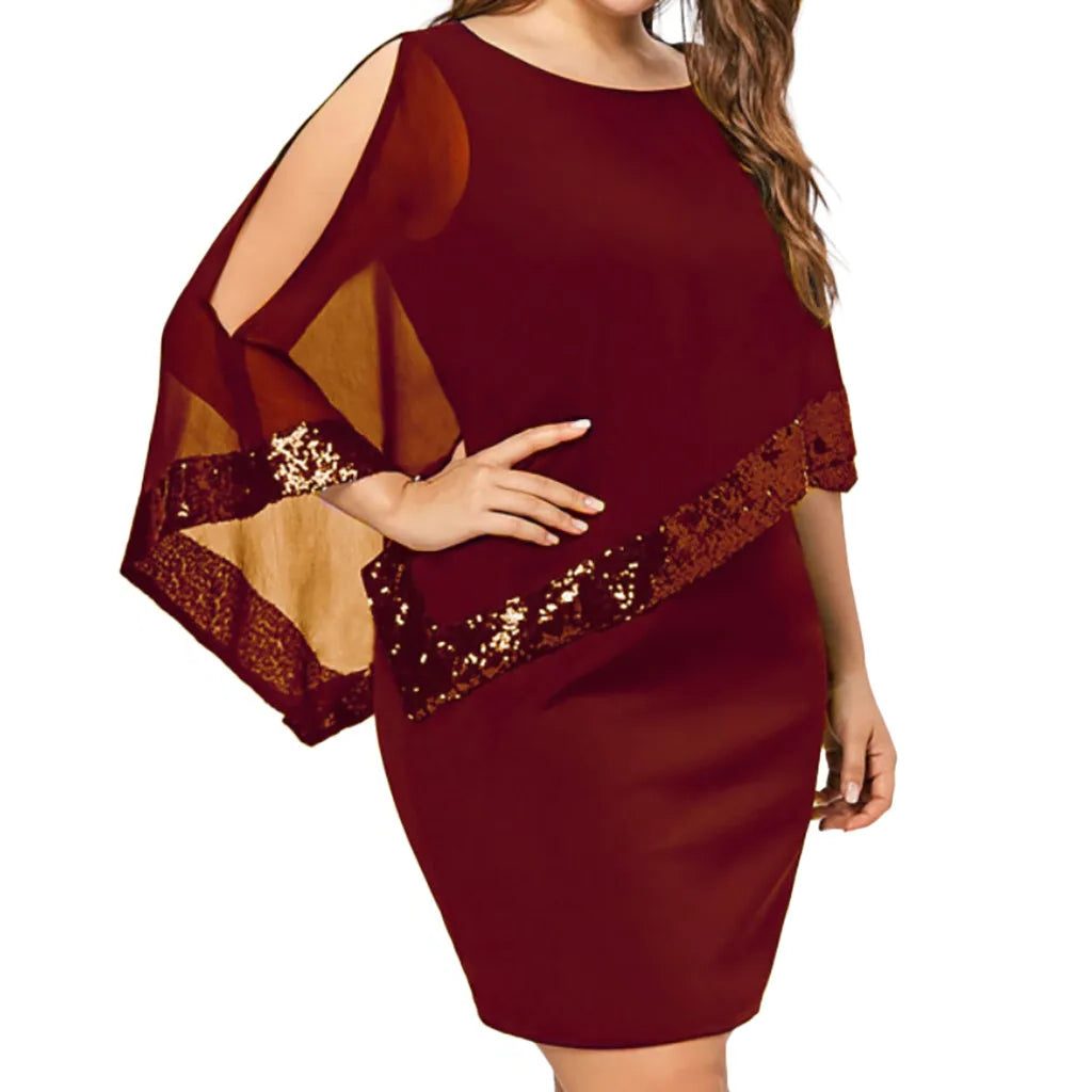 Lillianna™ | Women's Cold Shoulder Midi Dress with Sequin Trim and Cape Sleeves