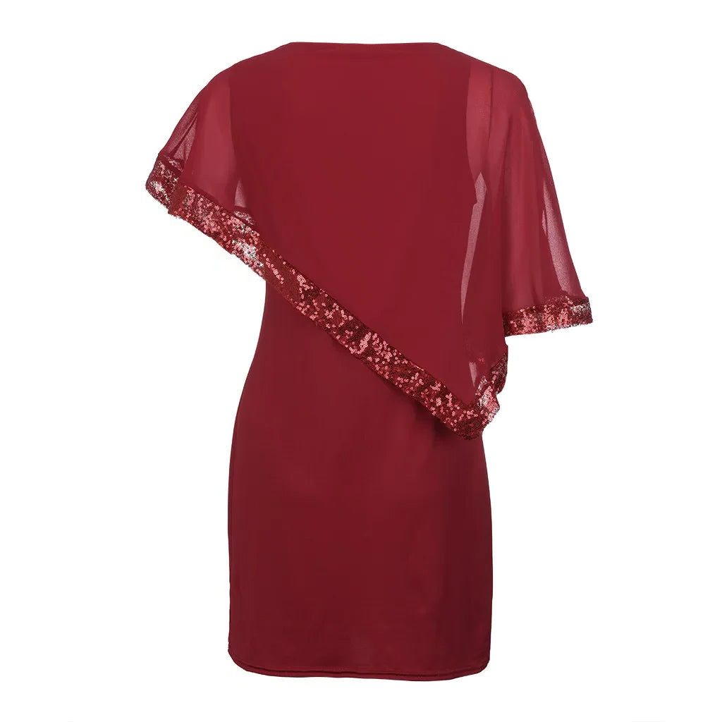Lillianna™ | Women's Cold Shoulder Midi Dress with Sequin Trim and Cape Sleeves
