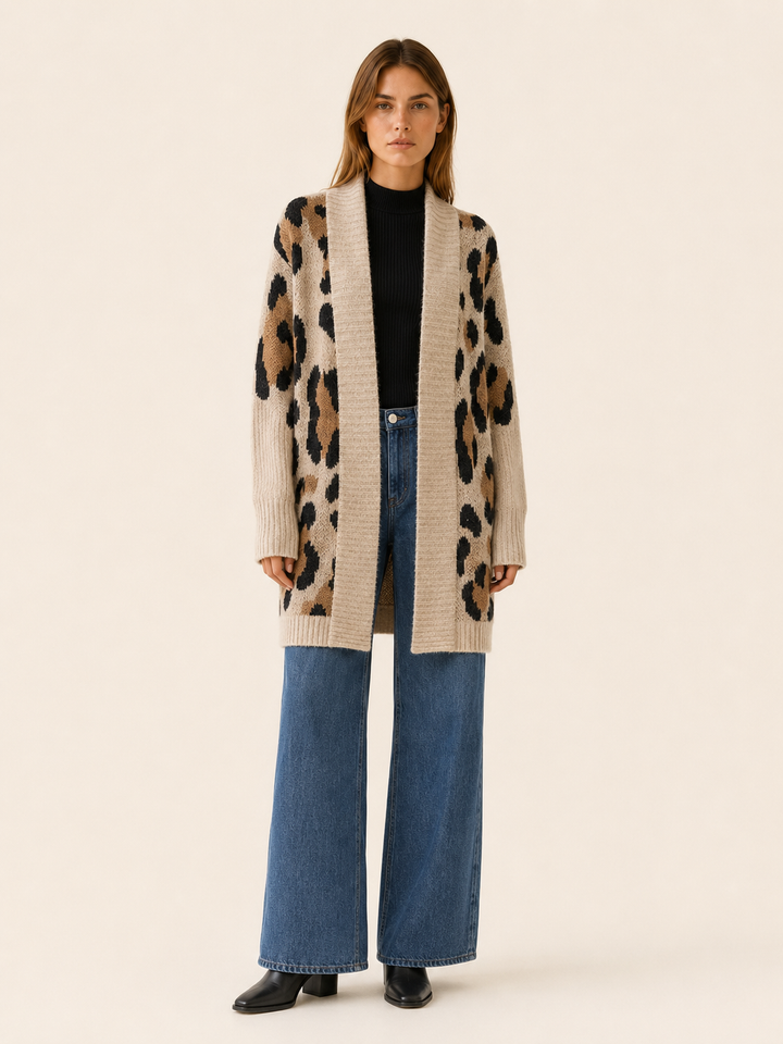 Lisette™ | Leopard Print Open-Front Longline Cardigan