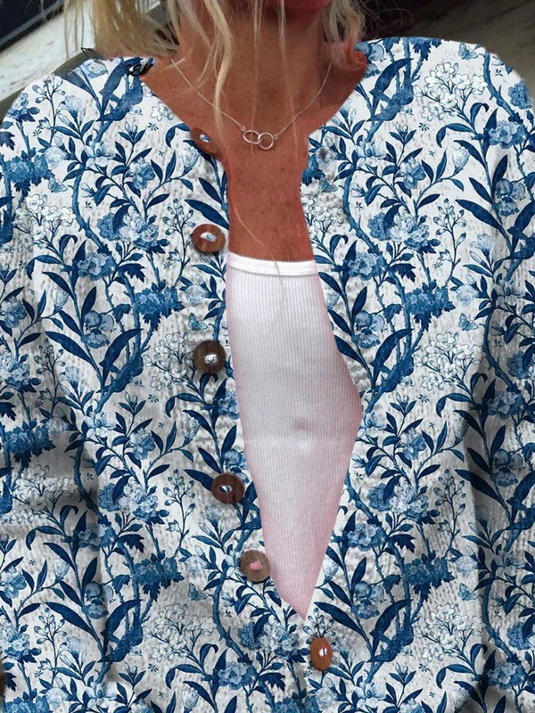Tacita™ | Women's Plus Size Botanical Bird Print Button Front Cardigan