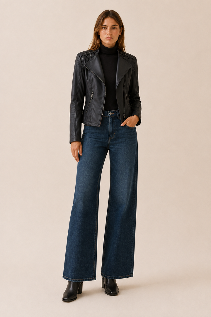 Lucienne™ | Cropped Faux Leather Biker Jacket with Lace-Up Shoulders