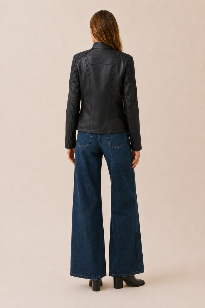 Lucienne™ | Cropped Faux Leather Biker Jacket with Lace-Up Shoulders