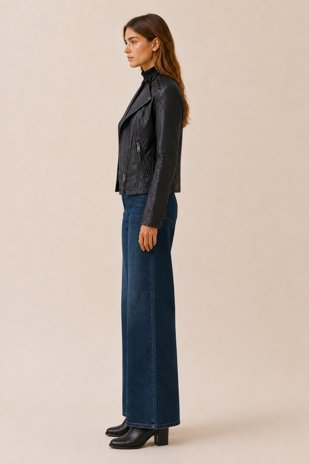 Lucienne™ | Cropped Faux Leather Biker Jacket with Lace-Up Shoulders