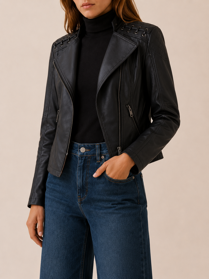 Lucienne™ | Cropped Faux Leather Biker Jacket with Lace-Up Shoulders