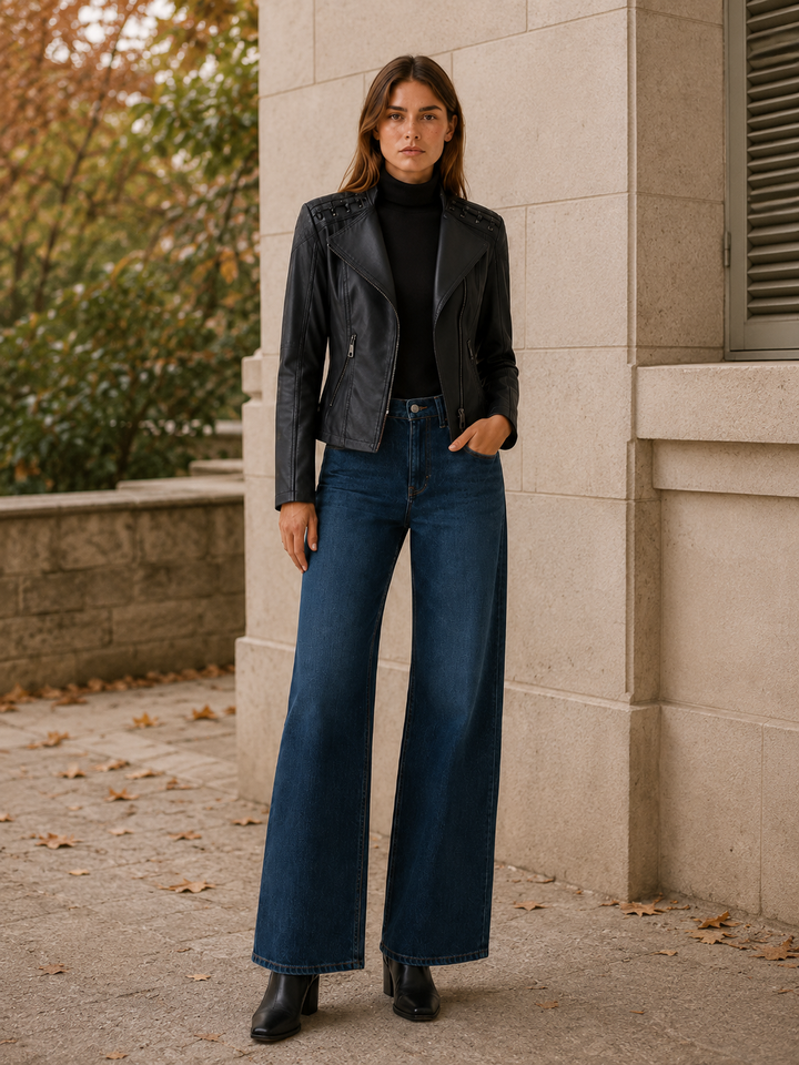 Lucienne™ | Cropped Faux Leather Biker Jacket with Lace-Up Shoulders