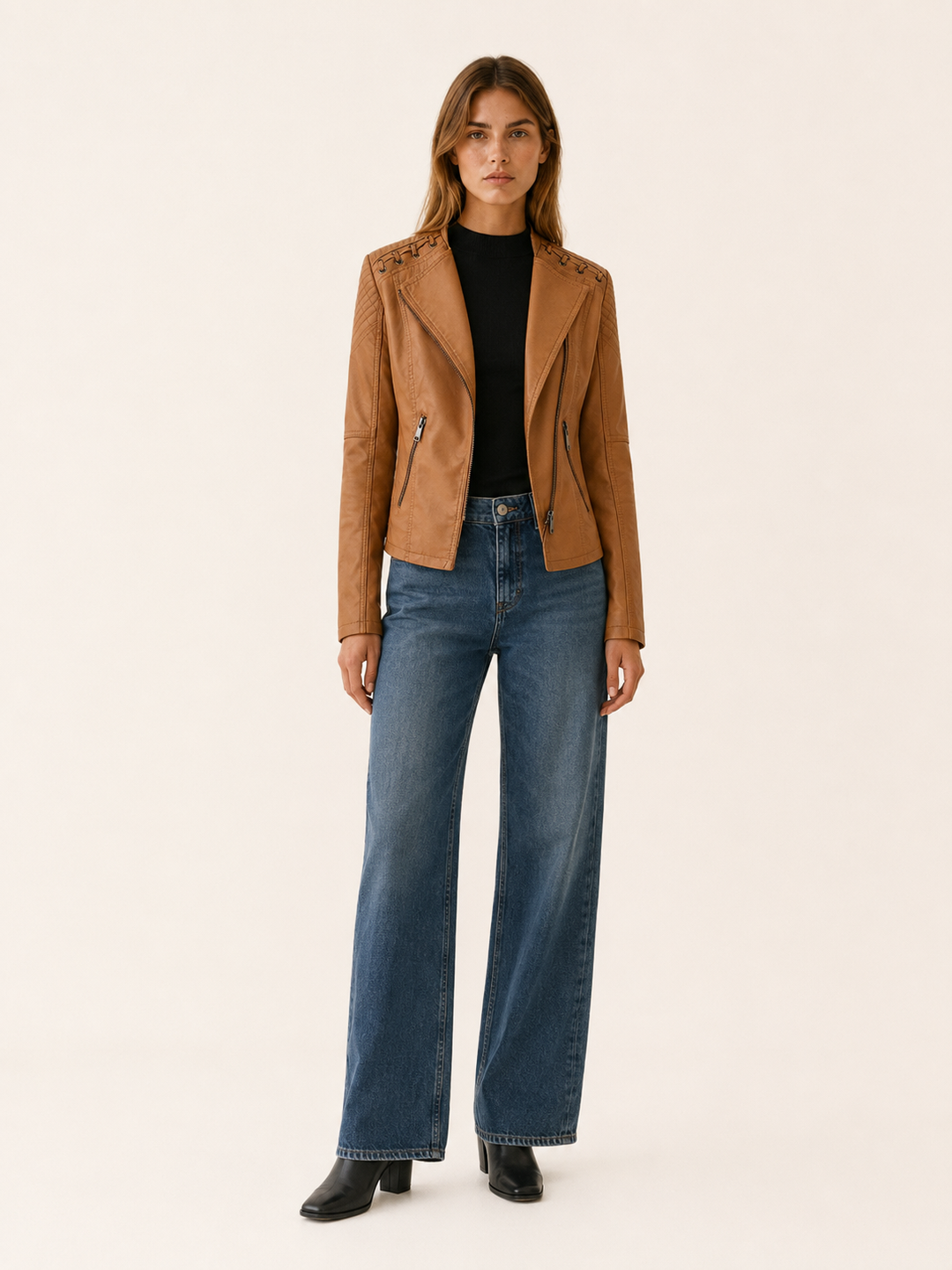 Lucienne™ | Cropped Faux Leather Biker Jacket with Lace-Up Shoulders