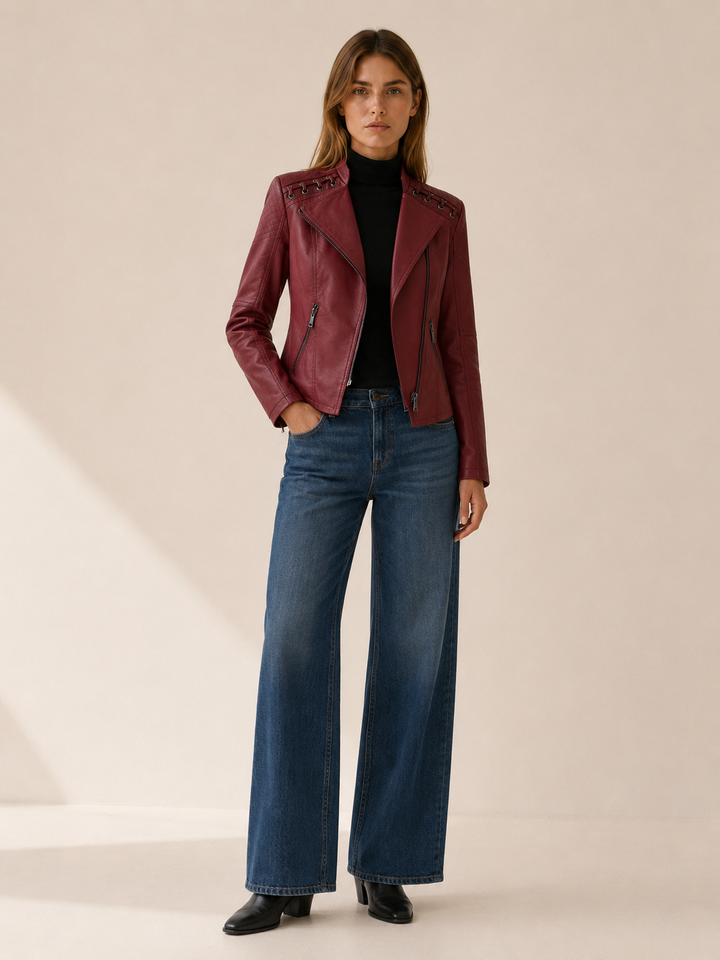 Lucienne™ | Cropped Faux Leather Biker Jacket with Lace-Up Shoulders
