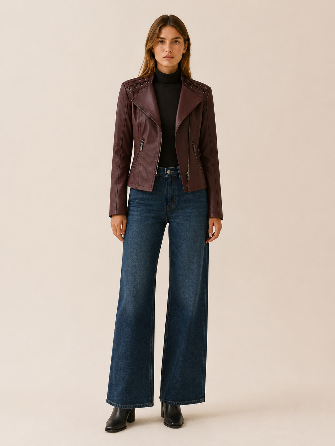 Lucienne™ | Cropped Faux Leather Biker Jacket with Lace-Up Shoulders