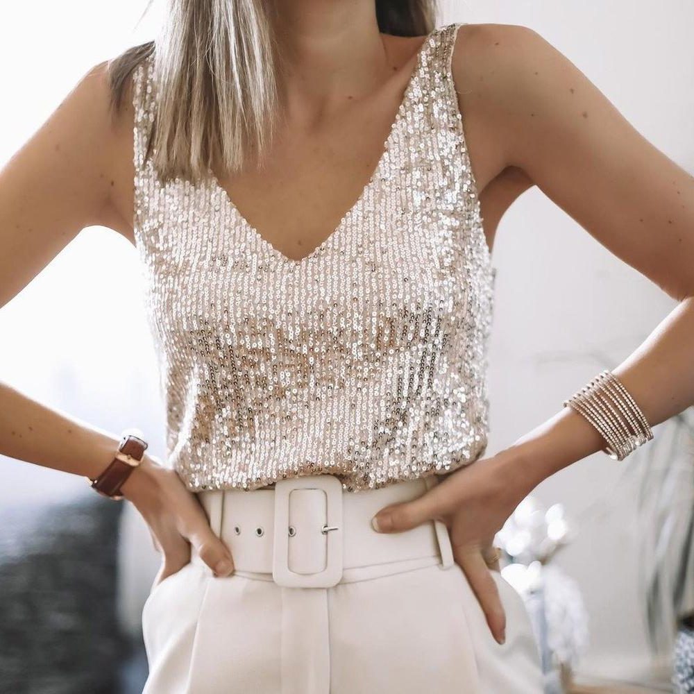 Jolene™ | Women's V-Neck Silver Sequin Tank Top with Spaghetti Straps