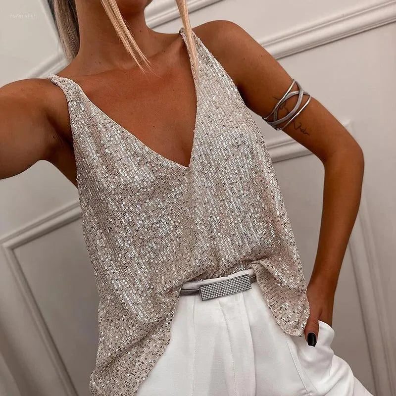 Jolene™ | Women's V-Neck Silver Sequin Tank Top with Spaghetti Straps