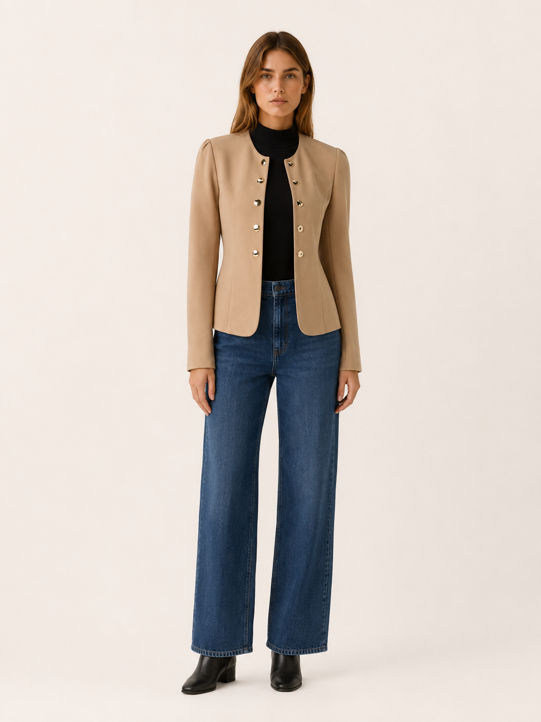 Marcella™ | Cropped Blazer with Gold Buttons, Khaki