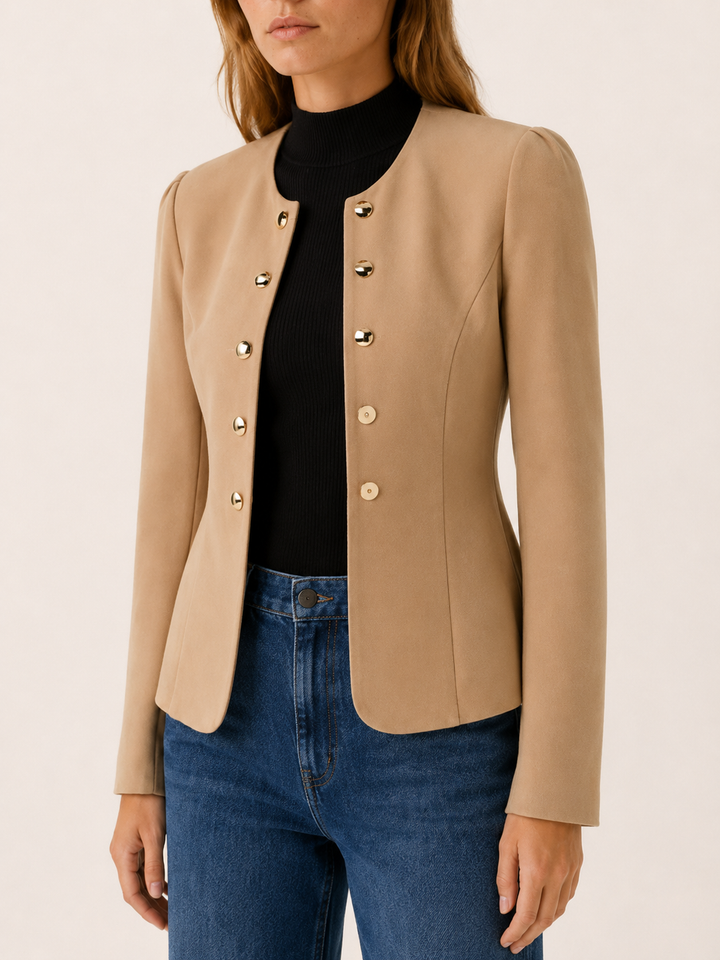 Marcella™ | Cropped Blazer with Gold Buttons, Khaki