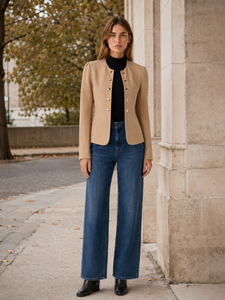 Marcella™ | Cropped Blazer with Gold Buttons, Khaki