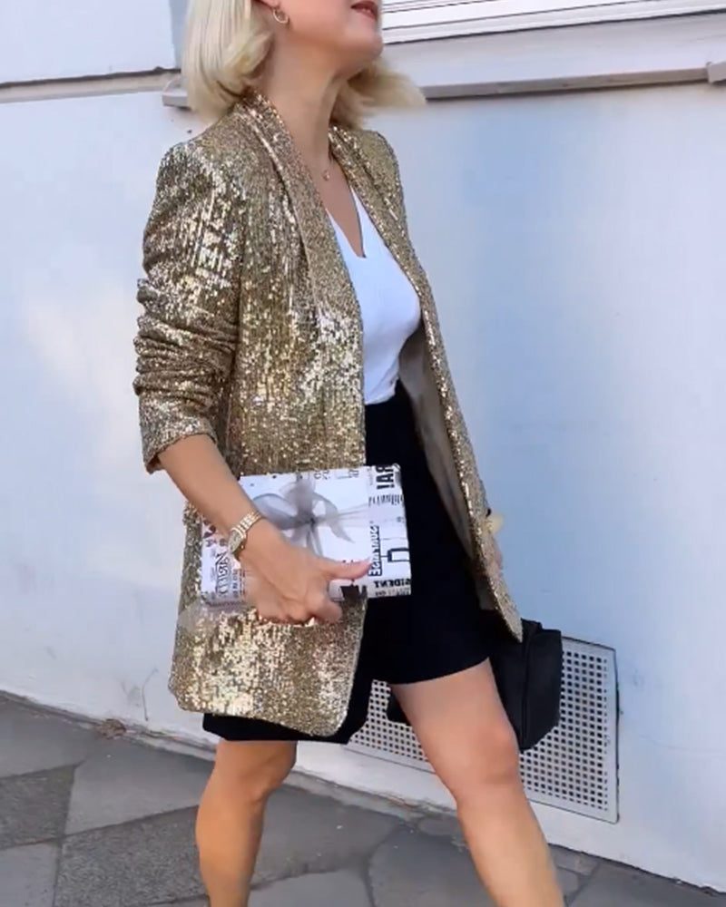 Imara™ | Women's Gold Sequin Longline Blazer with Open Front