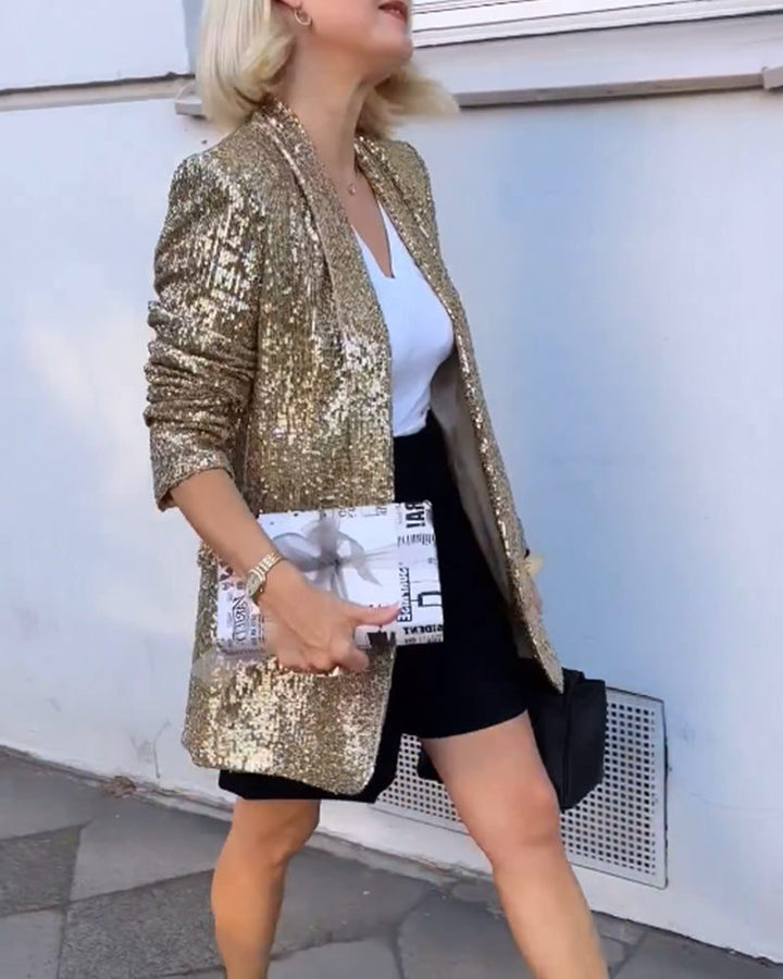 Imara™ | Women's Gold Sequin Longline Blazer with Open Front