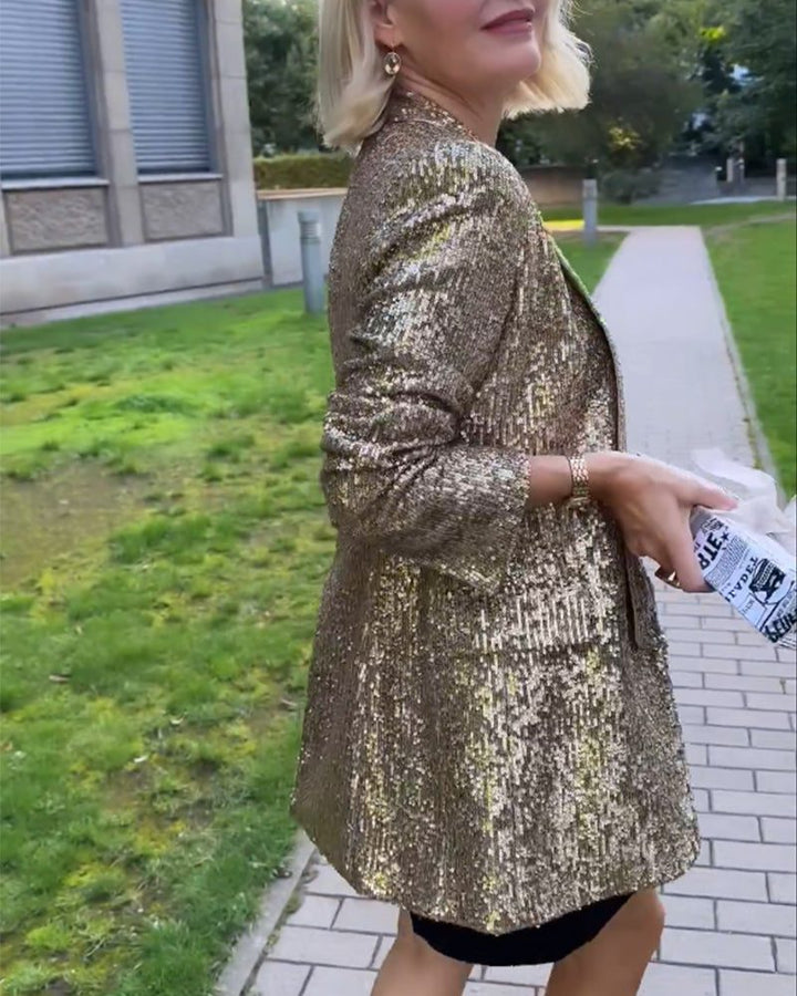 Imara™ | Women's Gold Sequin Longline Blazer with Open Front
