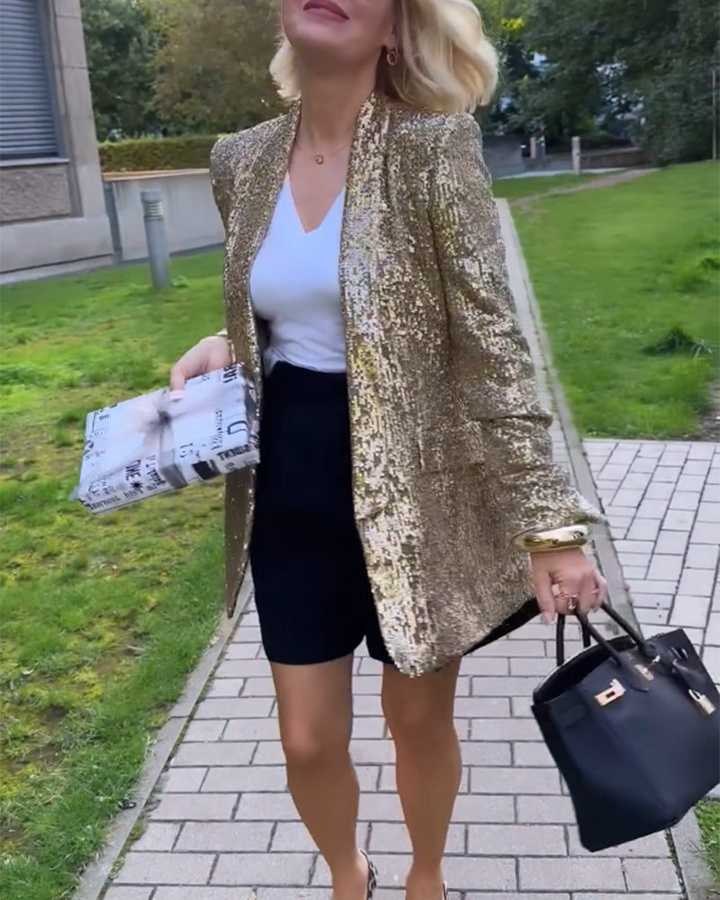 Imara™ | Women's Gold Sequin Longline Blazer with Open Front
