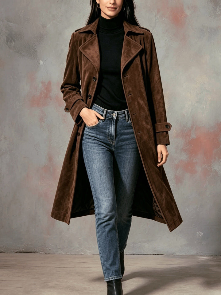 Zelda™ | Women's Brown Longline Lapel Coat with Button Front