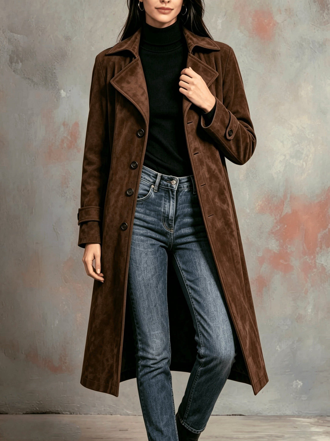 Zelda™ | Women's Brown Longline Lapel Coat with Button Front