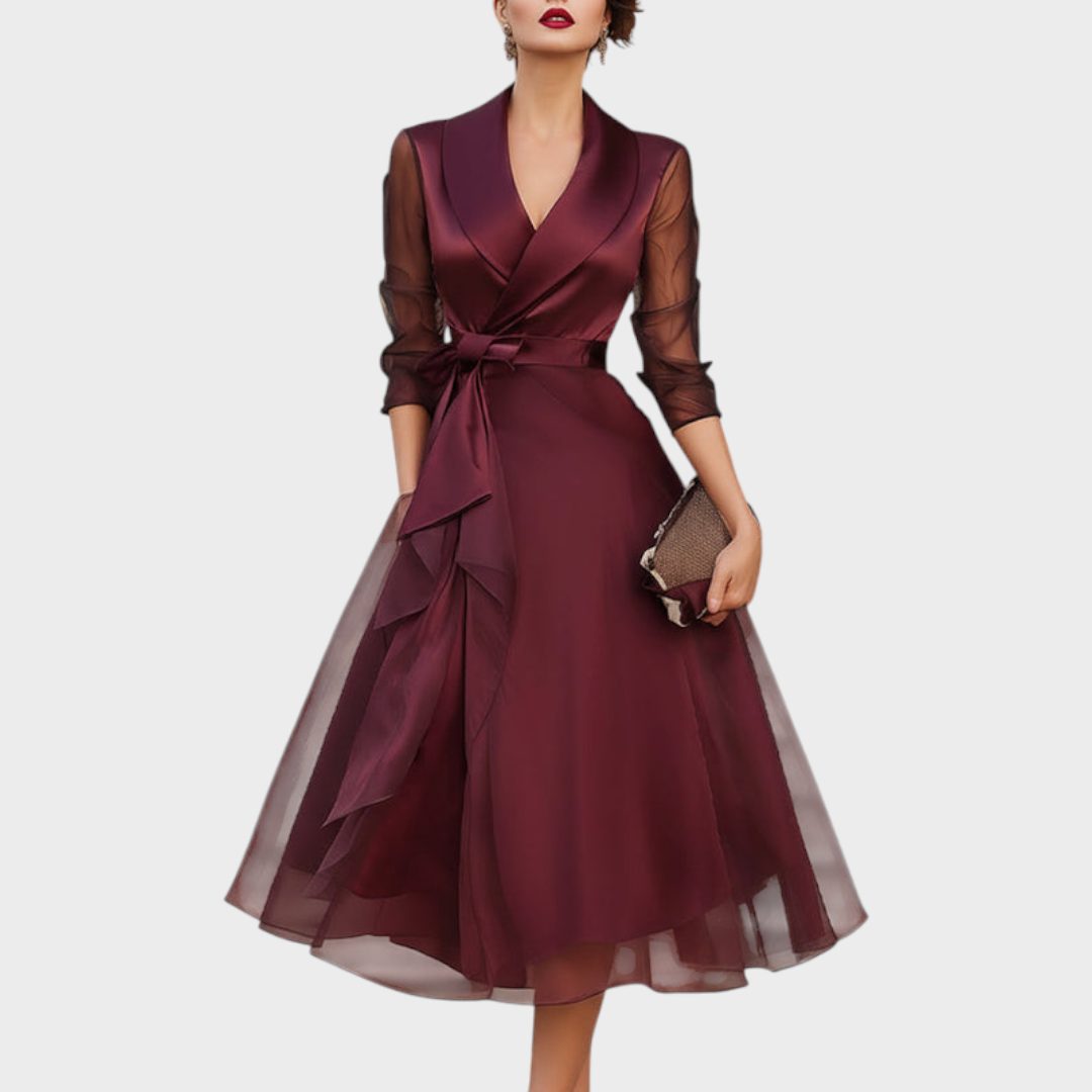 Nikita™ | Women's Burgundy Wrap Midi Dress with Sheer Sleeves