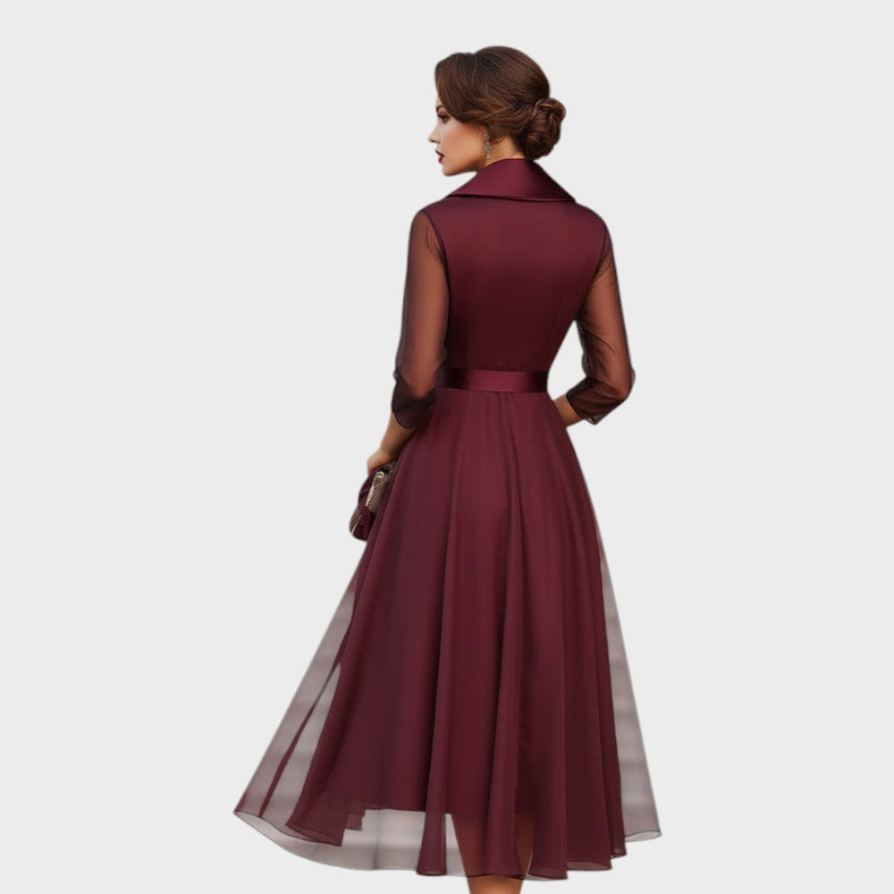 Nikita™ | Women's Burgundy Wrap Midi Dress with Sheer Sleeves