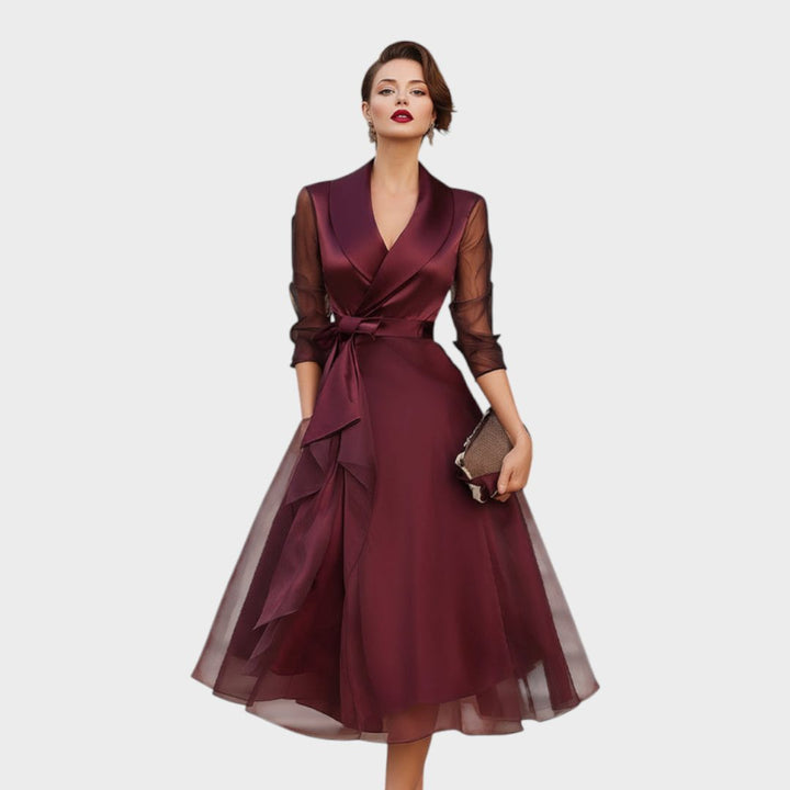 Nikita™ | Women's Burgundy Wrap Midi Dress with Sheer Sleeves