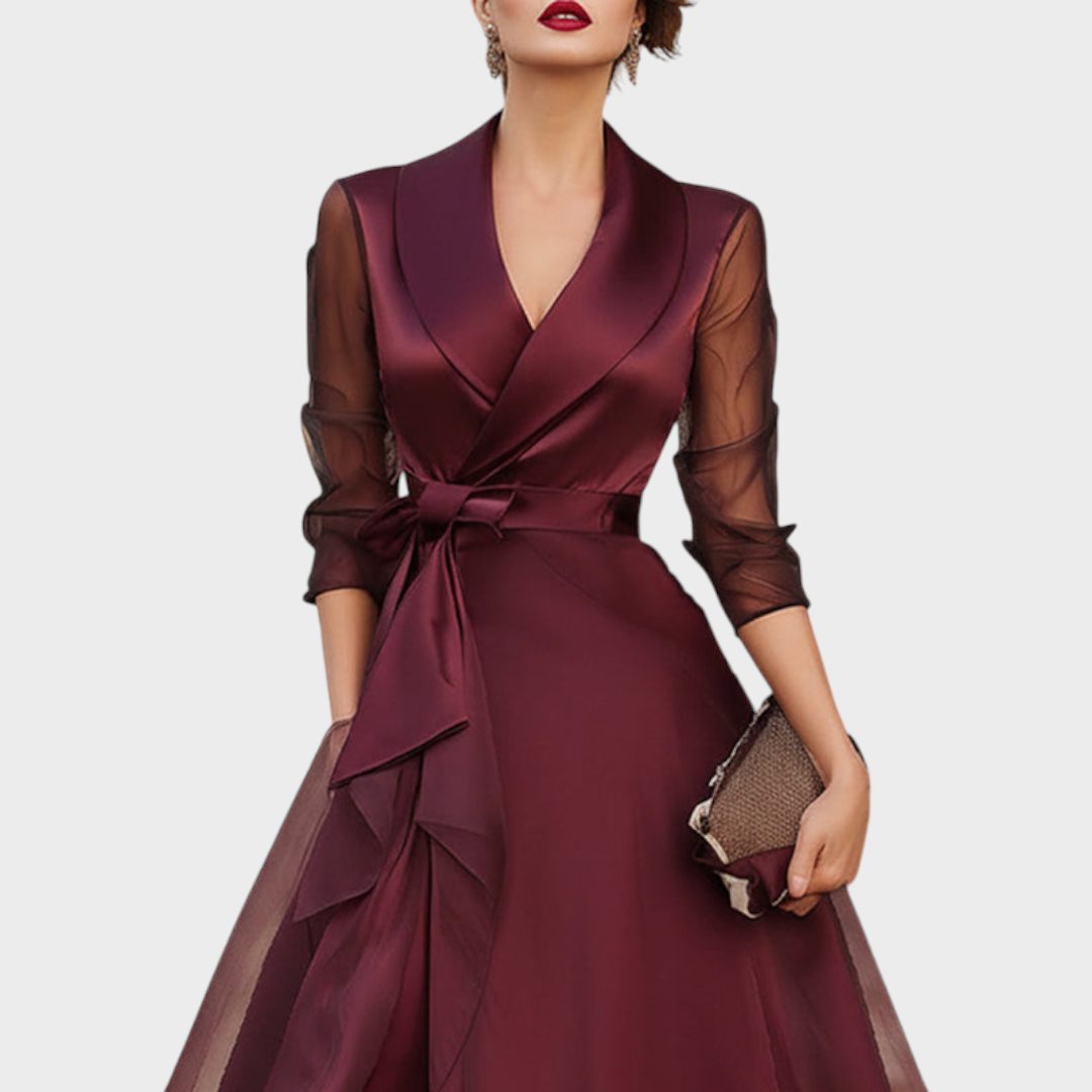 Nikita™ | Women's Burgundy Wrap Midi Dress with Sheer Sleeves