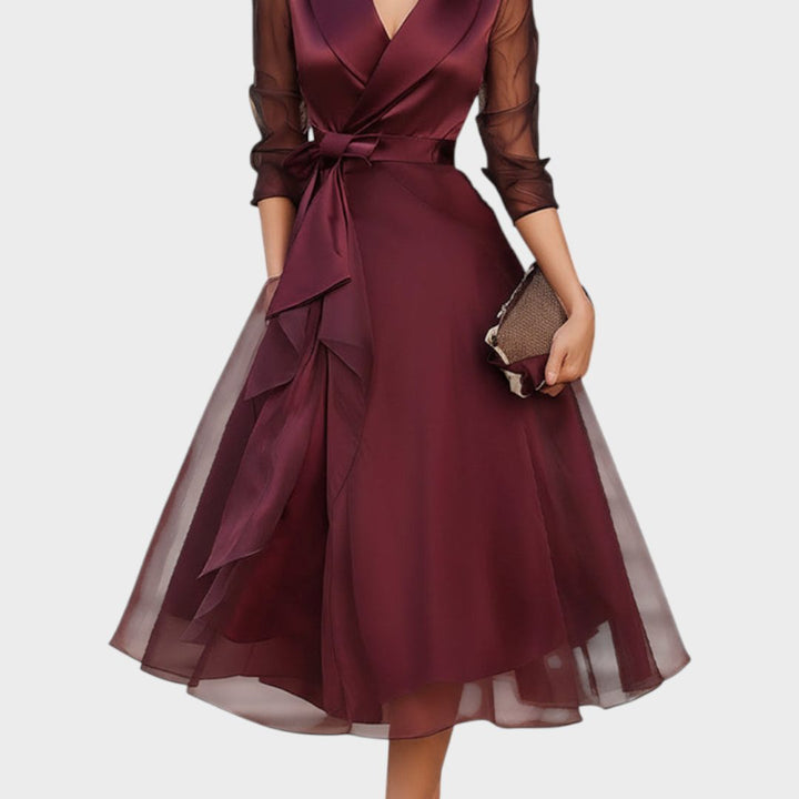 Nikita™ | Women's Burgundy Wrap Midi Dress with Sheer Sleeves