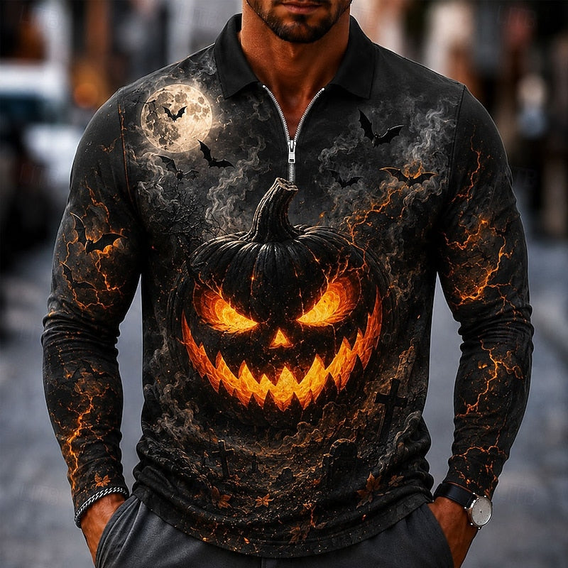 Osric™ | Men's Halloween Pumpkin Print Quarter Zip Polo Shirt