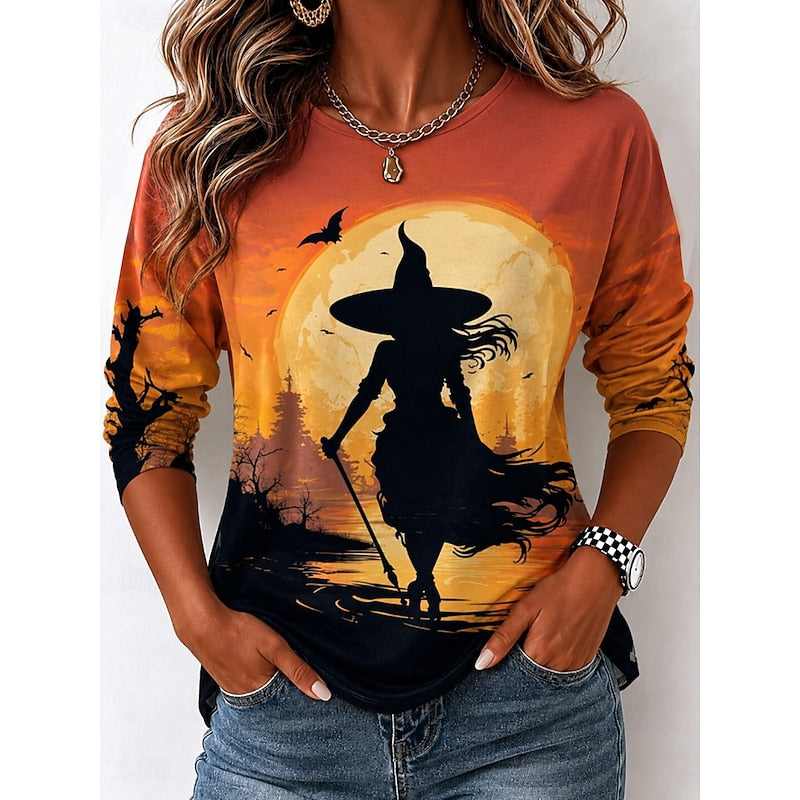 Rowena™ | Women's Moonlit Witch Print Halloween Long Sleeve Top