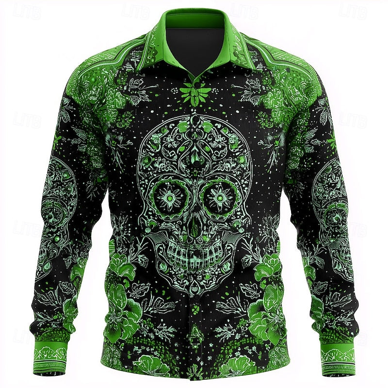 Fenwick™ | Men's Halloween Skull and Floral Print Button Up Shirt