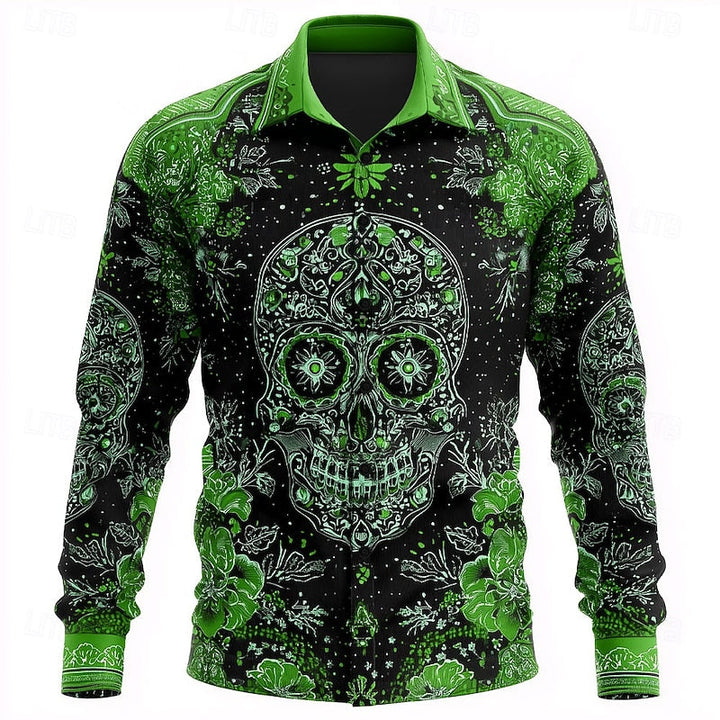 Fenwick™ | Men's Halloween Skull and Floral Print Button Up Shirt